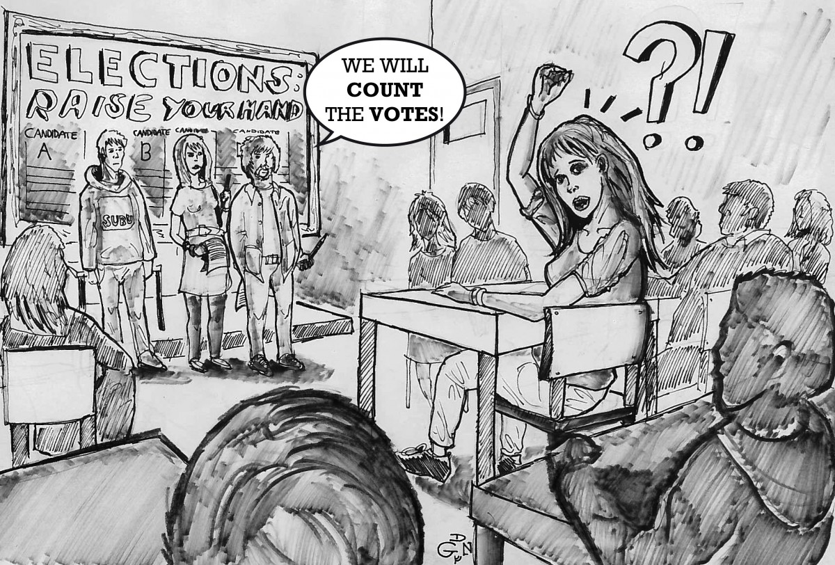 Just a single arm was raised for the first candidate as election organisers counted votes. Illustration: Gianluca Di Natale