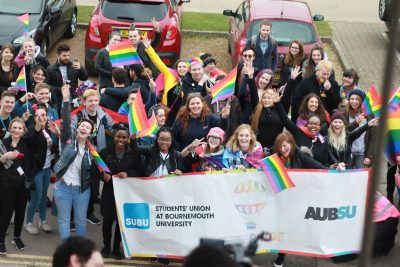 A photograph of a crowd of BU students celebrating Gay Pride 2017