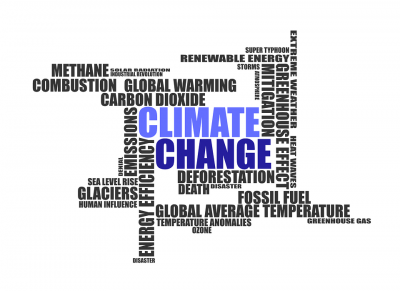 A graphic depicting issues facing global climate change, such as deforestation, fossil fuels and rising sea levels