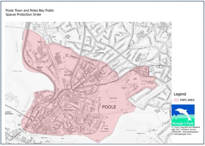 Photo: Poole town centre. A map highlighting the area affected by the PSPO proposal.