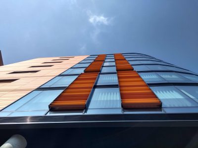 An image looking upwards at the building at One Lansdowne Plaza