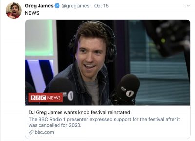 Image of Greg Jame's Tweet referring to BBC Dorset Knob Throwing Festival Cancellation Story