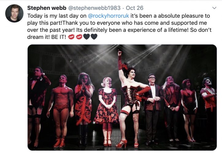 Stephen Webb posts on Twitter an image of his last show playing ""