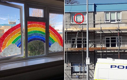 Image of a bright rainbow in a window and Barry Police station with a circle around their rainbow