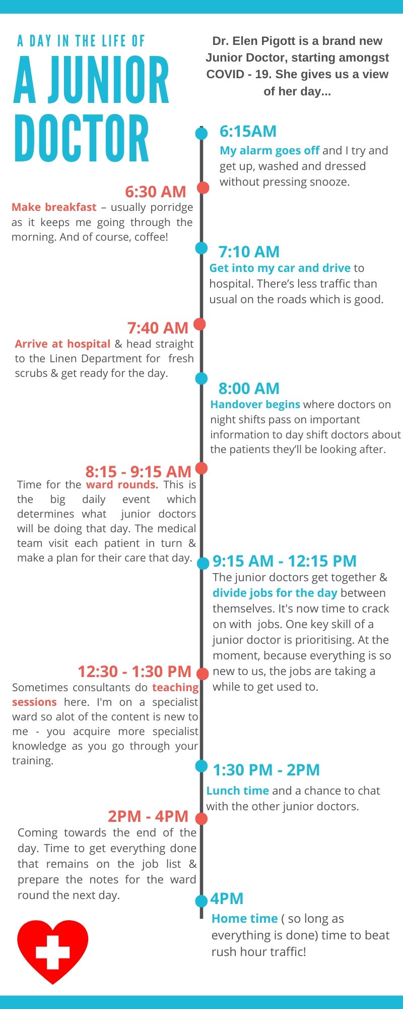 A timeline graphic of Dr.Elen Pigotts day.