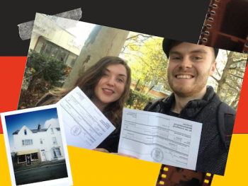 Jasmine and Daniel receiving their residence registration documents, in Berlin. With graphics of the german flag, a Polaroid photo of a house and photo developing strip.
