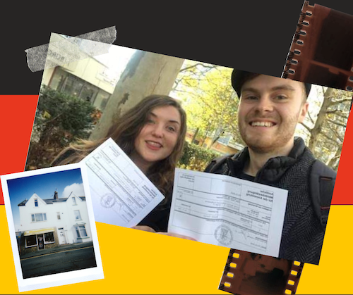 Jasmine and Daniel receiving their residence registration documents, in Berlin. With graphics of the german flag, a Polaroid photo of a house and photo developing strip.