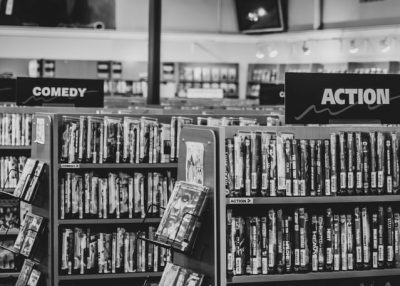 Picture of films in a rental shop.