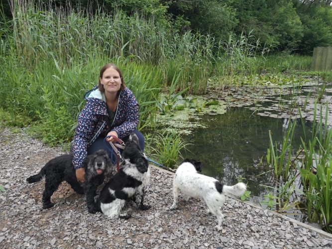 A woman bending down by a green pond and holding three dogs on a leash