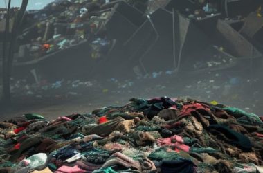 A computer-rendered view of clothing piling up in landfill sites, created with Night Café
