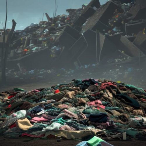 A computer-rendered view of clothing piling up in landfill sites, created with Night Café