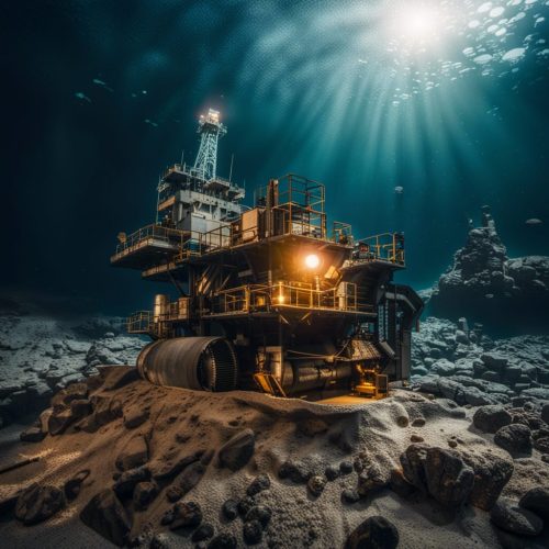 Computer-generated image of deep-sea mining, created with NightCafe.