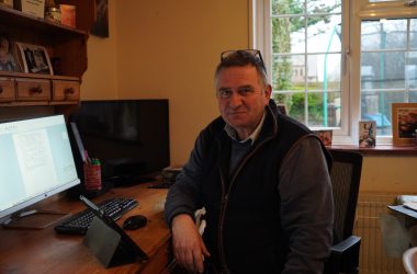 Jim Hooper - a farmer from the Berry Hill Farm, sitting in front of his computer and waiting for the interview about upcoming general election.