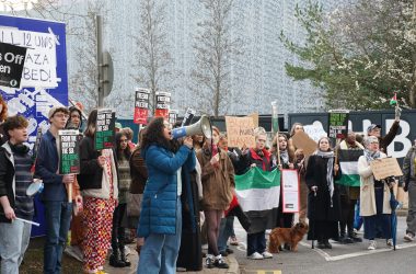 Protestors calling for ceasefire outside the venue of a general election debate at Bournemouth University