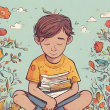 Illustration of a boy sat cross-legged with a pile of books on his lap