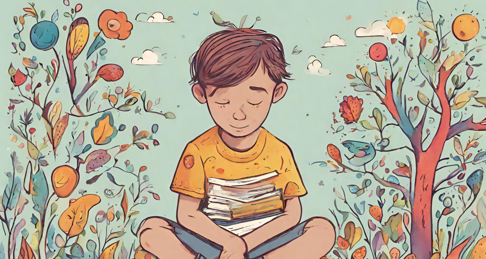 Illustration of a boy sat cross-legged with a pile of books on his lap