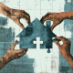 AI generated image of hands building a puzzle of a house.